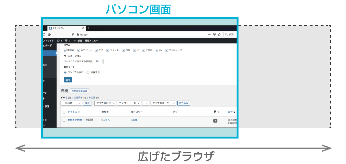 パソコン画面より大きく広げたブラウザ